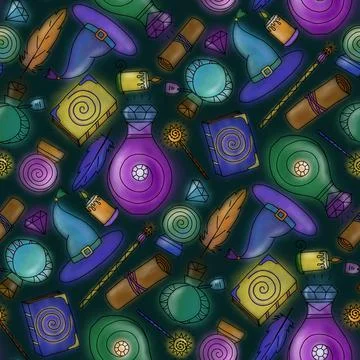 Seamless magic pattern. Halloween Concept. Gift Packaging. Hand drawn illustr Stock Illustration