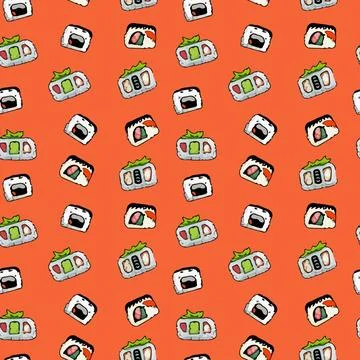 Seamless maki sushi illustration pattern, orenge background Stock Illustration