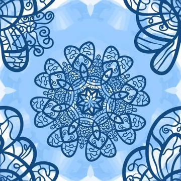 Seamless mandala-like elegant ornate pattern on blue symmetrical watercolor Stock Illustration