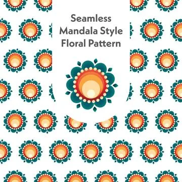 Seamless Mandala-Style Floral Pattern in Orange and Teal Stock Illustration