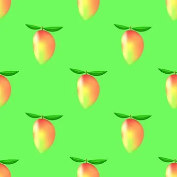 Seamless Mango Fruit Pattern Set of Fresh Mango on Green Background. Seaml... Stock Photos