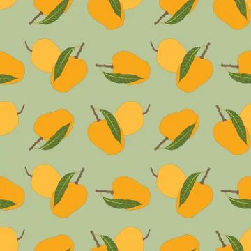 Seamless mango pattern with leaves on green background. mango illustration. Stock Illustration