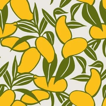 Seamless mango pattern with leaves tropical fruit wallpaper Stock Illustration