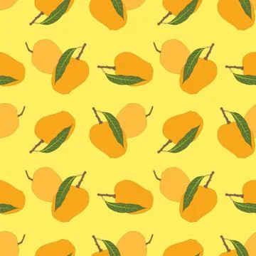 Seamless mango pattern with leaves on yellow background. Stock Illustration
