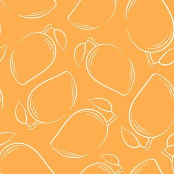 Seamless mango pattern in line art style on orange background. Ideal for Stock Illustration