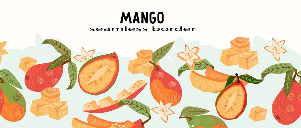 Seamless mango vector border design for package and decoration. Stock Illustration