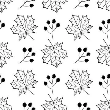 Seamless Maple Leaf and Berry Branch Pattern Hand Drawn Black and White Autumn Illustrazione stock