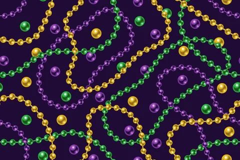 Seamless Mardi Gras pattern with beads, strings beads on dark background Stock Illustration
