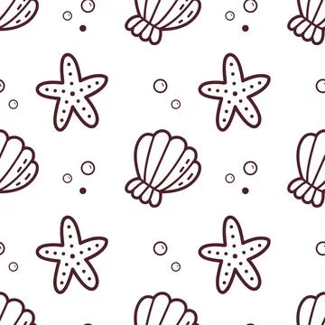 Seamless Marine Doodle Pattern with Starfish and Seashells Illustrazione stock