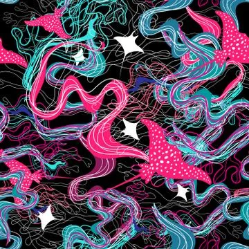 Seamless marine pattern of beautiful algae and rays Illustrazione stock