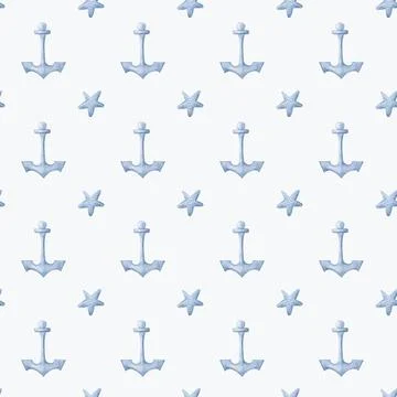 Seamless marine pattern featuring anchors and stars in a light blue waterco.. Illustrazione stock