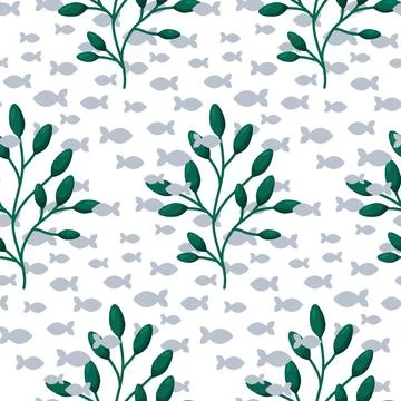 Seamless Marine Pattern with Fish and Seaweed on White Background Stock Illustration