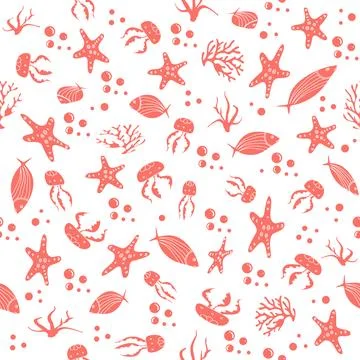 Seamless marine pattern with fish, jellyfish, starfish, and coral on white .. Illustrazione stock
