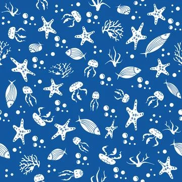 Seamless marine pattern with fish, starfish, and corals on blue background .. イラスト素材