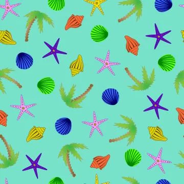 Seamless marine pattern. multicolored starfish, shells and palm trees on a cy Illustrazione stock