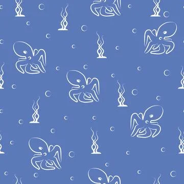 Seamless marine pattern with octopus and seaweed. Pattern background with und Stock Illustration