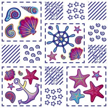 Seamless marine pattern in patchwork style with shells starfish wheel and anchor Stock Illustration