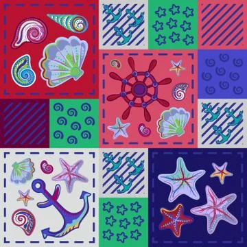 Seamless marine pattern in patchwork style with shells starfish wheel and anchor Stockillustratie