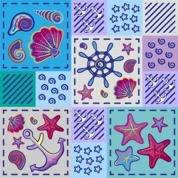 Seamless marine pattern in patchwork style with shells starfish wheel and anchor 库存插图