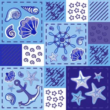Seamless marine pattern in patchwork style with shells starfish wheel and anchor Illustrazione stock