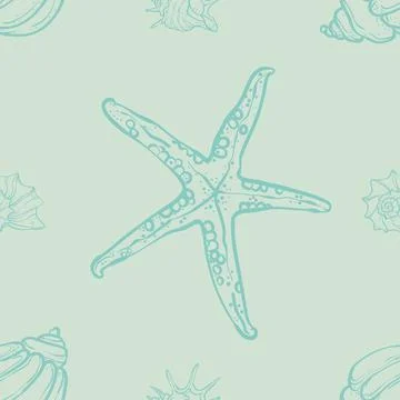 Seamless marine pattern with seashells and starfish on a bright blue backgrou Stock Illustration