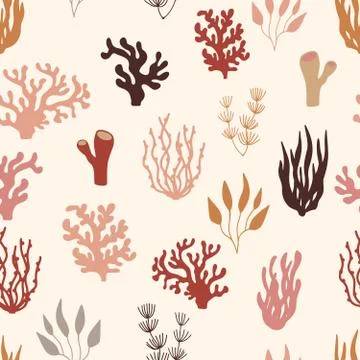 Seamless marine pattern of underwater plants and coral reefs. Terracotta Stock Illustration