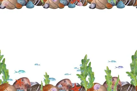 Seamless marine pattern on a white background. Sea stones, algae, fish, shells Stock Illustration
