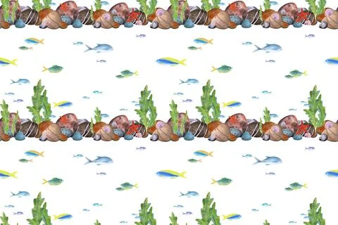Seamless marine pattern on a white background. Sea stones, algae, fish, shells Stockillustratie