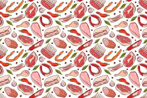 Seamless meat pattern in flat style with different meats on a white background Stock Illustration
