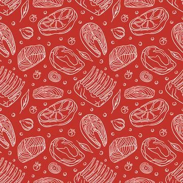 Seamless meat pattern with line art style steak meat and fish, ribs, herbs Stock Illustration