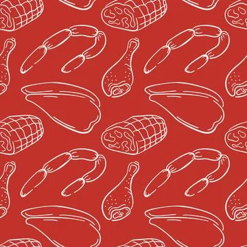 Seamless meat pattern with line art sausage, drumsticks, chicken fillet and ham Stock Illustration
