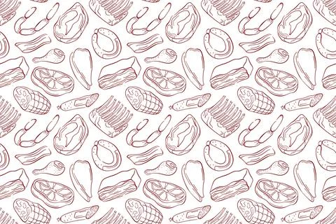 Seamless meat pattern with various cuts and types in line art style. Perfect for Stock Illustration