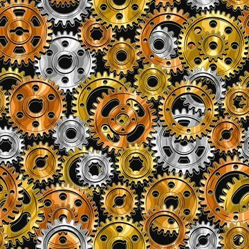 Seamless mechanical pattern with glossy gold, silver, copper machine gears Illustrazione stock