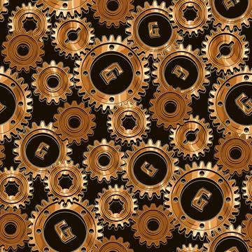 Seamless mechanical pattern with rusty, polished bronze machine gears Stock Illustration