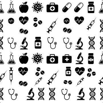 Seamless medical icon pattern with stethoscope, syringe, pill, virus, and D.. Stock Illustration