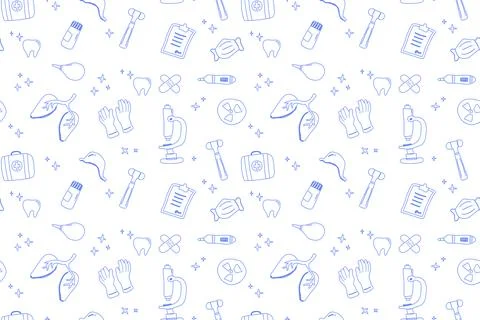 Seamless medical pattern with microscopes, test tubes, and first aid kits イラスト素材