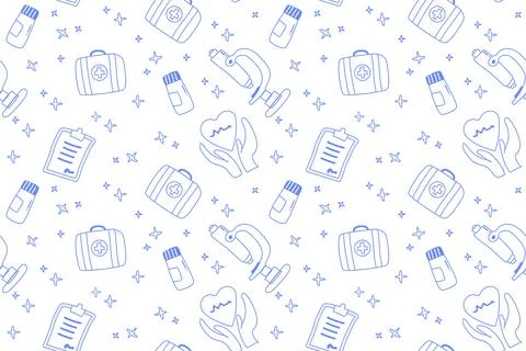 Seamless medical pattern with microscopes, test tubes, and first aid kits イラスト素材