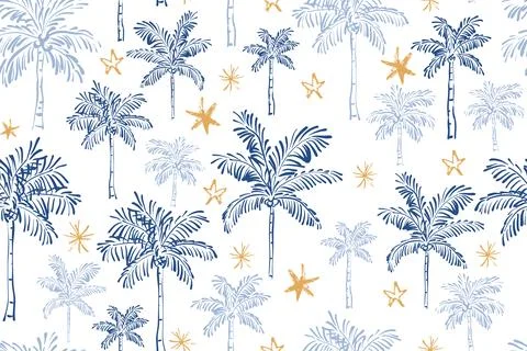 Seamless Mediterranean pattern of hand-drawn blue and gold palm trees and c.. 스톡 일러스트