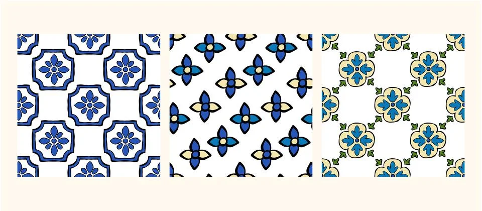 Seamless Mediterranean tile patterns  Italian, Portuguese and floral cerami.. Stock Illustration