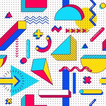 Seamless memphis pattern. Abstract 90s trends elements with multicolored si.. Illustrazione stock