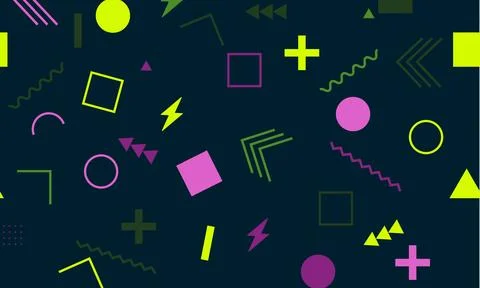 Seamless Memphis Pattern Design with green and pink colors on dark isolated back Stock Illustration