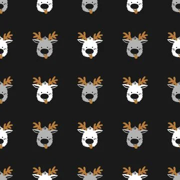 Seamless Merry Christmas pattern of repeating elements - funny deer on a blac Stock Illustration