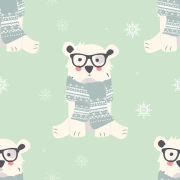 Seamless Merry Christmas patterns with cute polar bear animals Stock Illustration