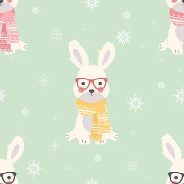 Seamless Merry Christmas patterns with cute polar rabbit animals Stock Illustration