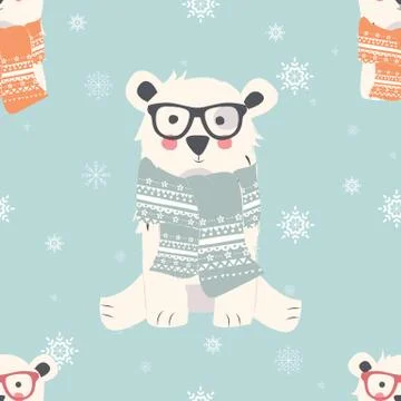 Seamless Merry Christmas patterns with cute polar bear animals Stock Illustration
