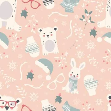 Seamless Merry Christmas patterns with cute polar animals, bears, rabbits, Stock Illustration