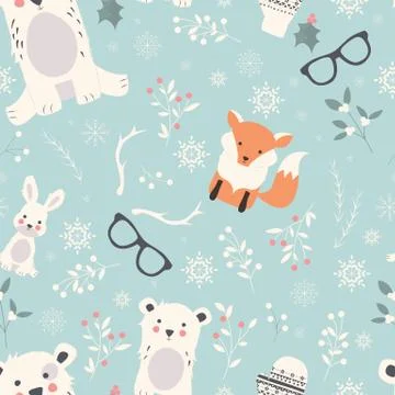 Seamless Merry Christmas patterns with cute polar animals, bears, rabbits, Illustrazione stock