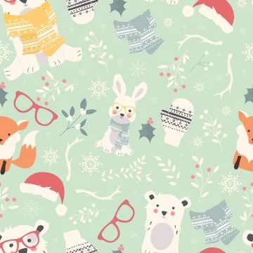 Seamless Merry Christmas patterns with cute polar animals, bears, rabbits, Stock Illustration