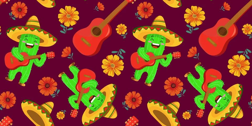 Seamless Mexican pattern with cute cactus playing guitar, sombreros, and vi.. Stock Illustration