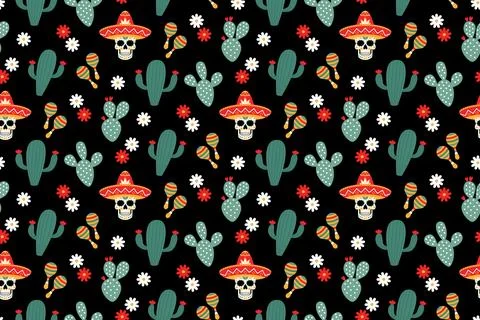 Seamless Mexican pattern with sugar skulls, cacti and maracas on black back.. Stock Illustration